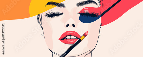 Artistic makeup application on woman's face with bold colors and brush - vector.