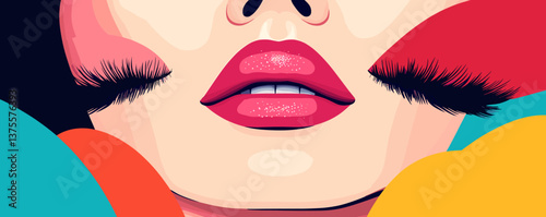 Bold pop art style close-up of lips and cheeks with colorful abstract shapes - vector.