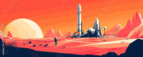 Futuristic mars space colony with astronaut and rocket launch site at sunset, vector.