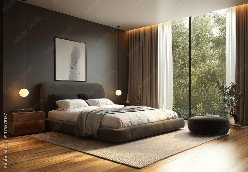 Fototapeta premium Modern Minimalist Bedroom Interior with Neutral Tones and Natural Lighting