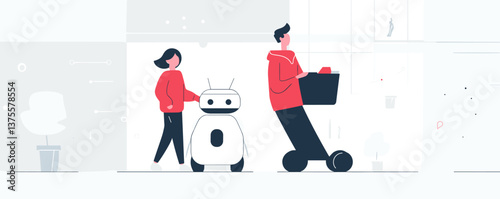 People walking with robot and man on segway in modern setting - vector.