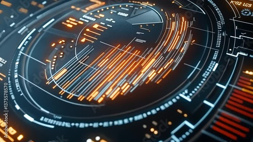 Futuristic interface with digital data stream and complex information display