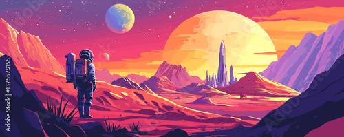 Astronaut exploring distant planet with futuristic city and planetscape - vector.