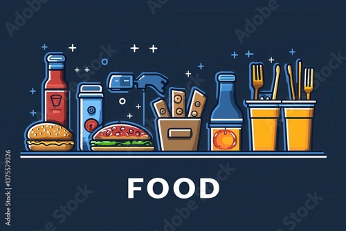 Colorful cartoon illustration of various food items and drink icons on dark background