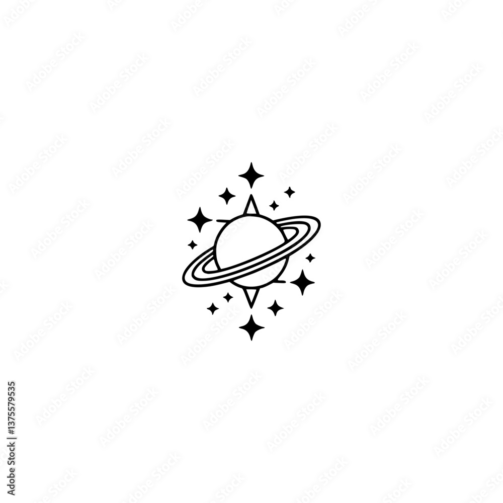 Minimalist Planet and Stars Icon, Black and White, Space Design Minimalist Planet and Stars Icon, Black and White, Space Design