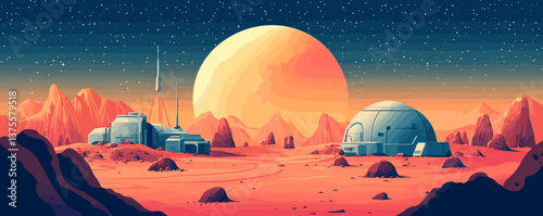 Futuristic mars colony with dome structures and alien landscape at sunset - vector.