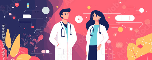 Medical professionals in modern abstract background with stethoscopes - vector.