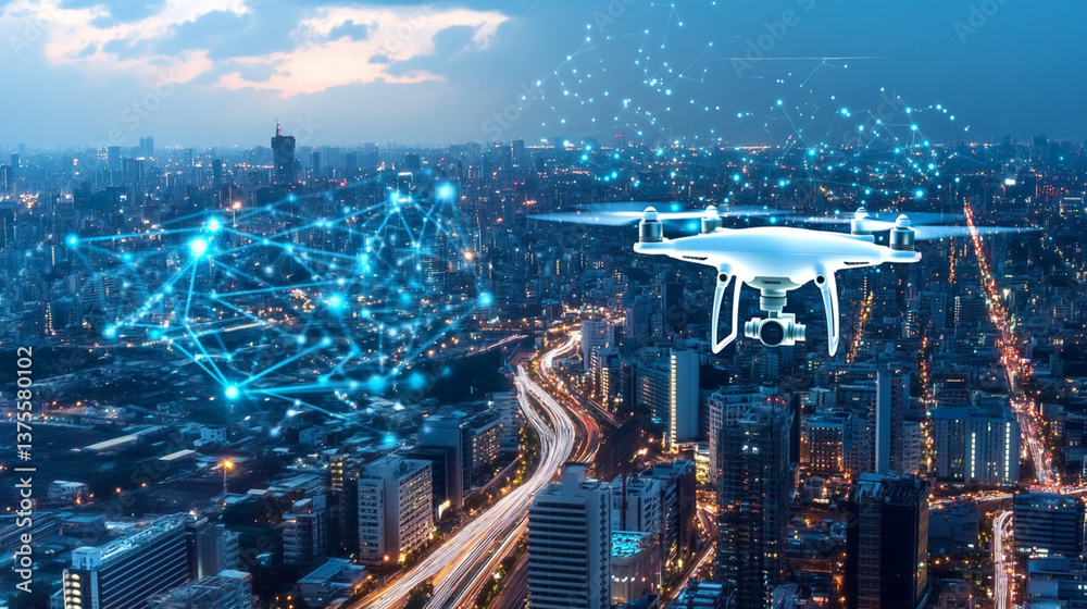 Fototapeta premium Drones equipped with AI assist in surveillance, agriculture, and disaster relief operations.