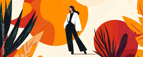 Stylish woman in black and white outfit surrounded by abstract nature elements - vector.