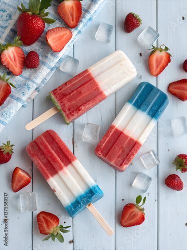4th of July Popsicle banner, red white and blue popsicles on wooden background with ice cubes and strawberries