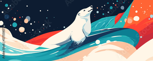 Polar bear surfing abstract waves in arctic night scene - vector.