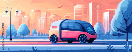 Futuristic autonomous shuttle gliding through vibrant cityscape at sunset – vector.