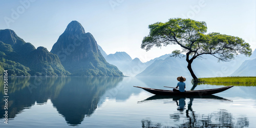 Vietnamese boatman in a conical hat sails a boat against the scenic green mountain lake landscape. Travel and nature concept. Landscape view for wallpaper, poster, card, design
