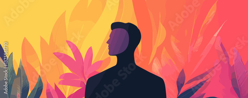 Silhouetted person in vibrant tropical foliage background, colorful abstract art vector.
