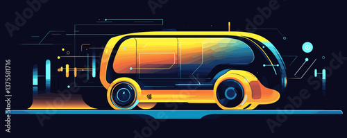 Futuristic autonomous vehicle with digital interface and neon accents vector.