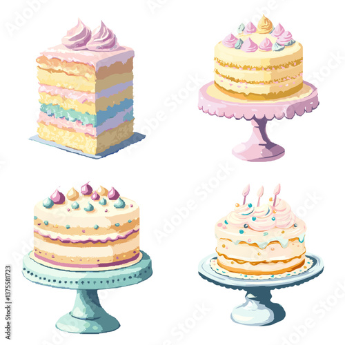 Cartoon pastel cakes and a cake slice on stands with colorful frosting, perfect for bakery, dessert, celebration, birthday, party, sweet food-themed creative projects, and designs.

