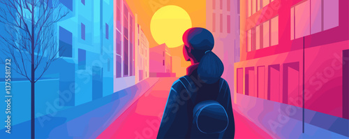 Urban sunrise walk with backpacked figure in vibrant cityscape – vector.