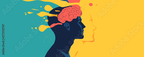 Colorful abstract portrait with creative brain concept in silhouette - vector.