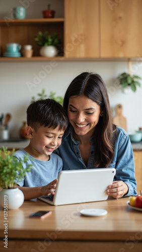 Cheerful Mother and Son Engaging at Kitchen Table, Isolated on Transparent Background for Mother's Day Promotions