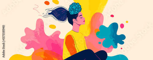 Tranquil woman meditating with colorful abstract background - vector.