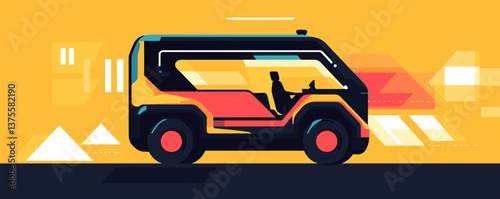 Futuristic autonomous shuttle on vibrant geometric background vector.
