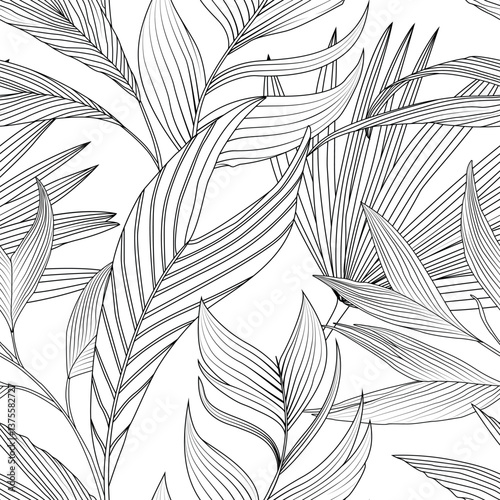 Black and white jungl seamless pattern with palm leaves.