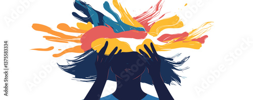 Abstract silhouette with colorful paint splash hair on white background - vector.