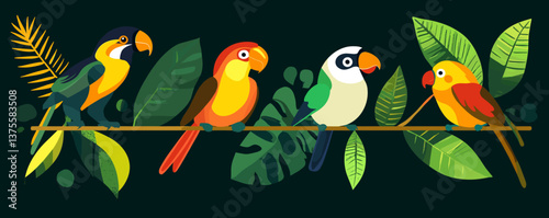 Colorful tropical birds perched on branch with lush green leaves, parrots, jungle theme - vector.