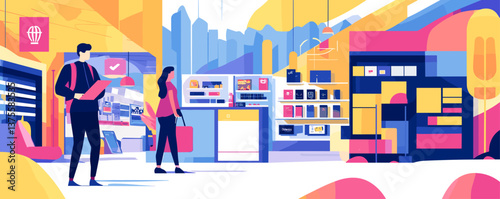 Modern shopping center scene with abstract design and shoppers in a mall - vector.