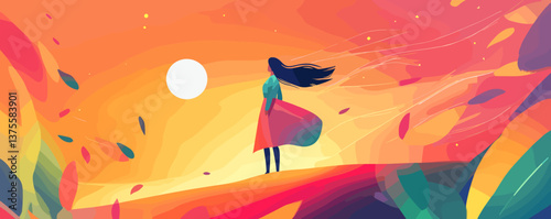 Woman standing on vibrant hill at sunset with flowing hair, colorful leaves, and sun - vector.