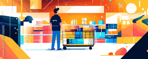 Man shopping in colorful supermarket aisle with cart, abstract art style - vector.