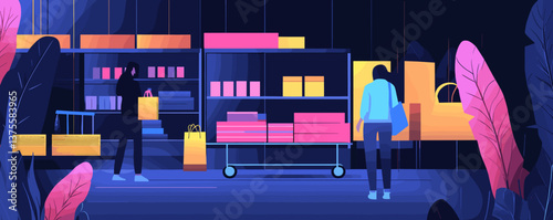 Shoppers in modern store with colorful packaging and plants - vector.