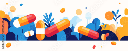 Colorful pills in nature-inspired abstract landscape with plants and capsules - vector.