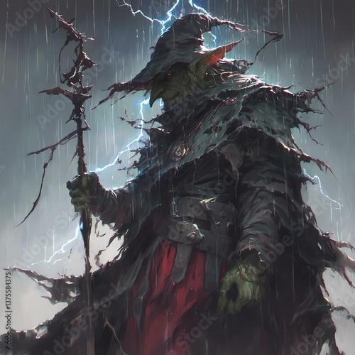 A mystical sorcerer stands in the rain, commanding the storm with powerful magic.
