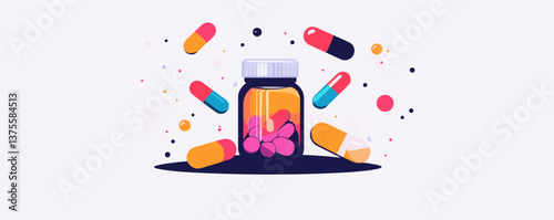 Colorful medicine bottle and pills on display - healthcare concept vector.