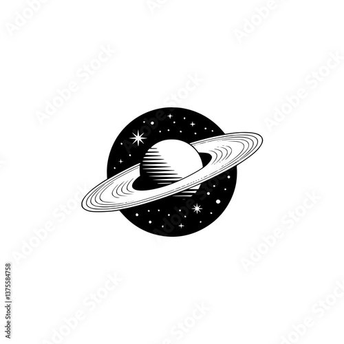 Retro Space Logo: Saturn in a Starry Universe, Monochrome