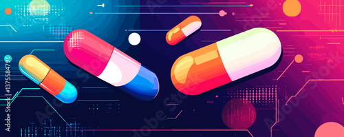 Colorful capsules on tech background with glowing circuit elements, futuristic medical concept vector.