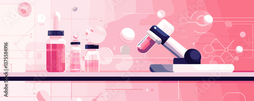 Modern scientific laboratory with microscope and bottles for research and analysis in pink tones - vector.