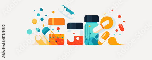 Colorful medicine bottles and capsules with abstract design - vector.