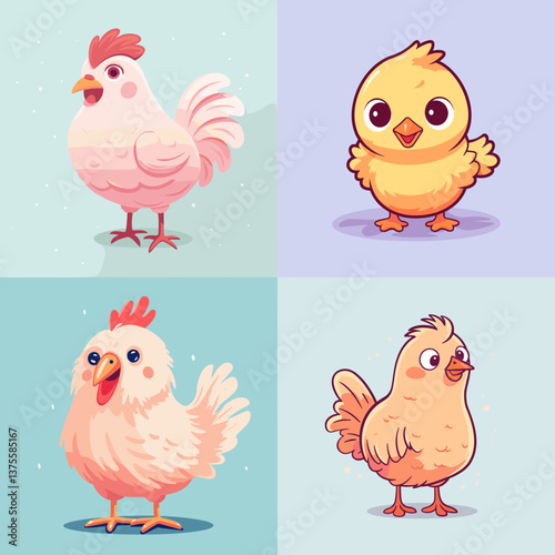 Set of cute cartoon chickens and chicks in various poses and pastel backgrounds. Perfect for farm illustrations, kids’ books, educational graphics, and playful animal designs.

