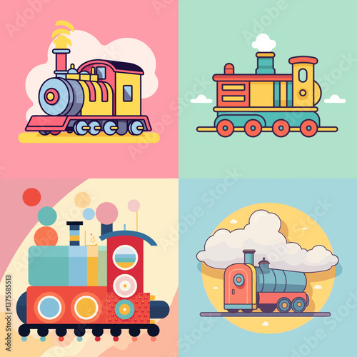 Set of colorful cartoon trains with playful designs and pastel backgrounds. Ideal for children’s books, transportation themes, travel graphics, and educational materials.

