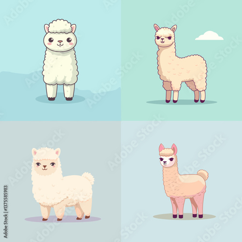 Set of cute cartoon alpacas standing in various poses with pastel backgrounds. Ideal for kids’ books, farm-themed designs, educational materials, and animal illustrations.

