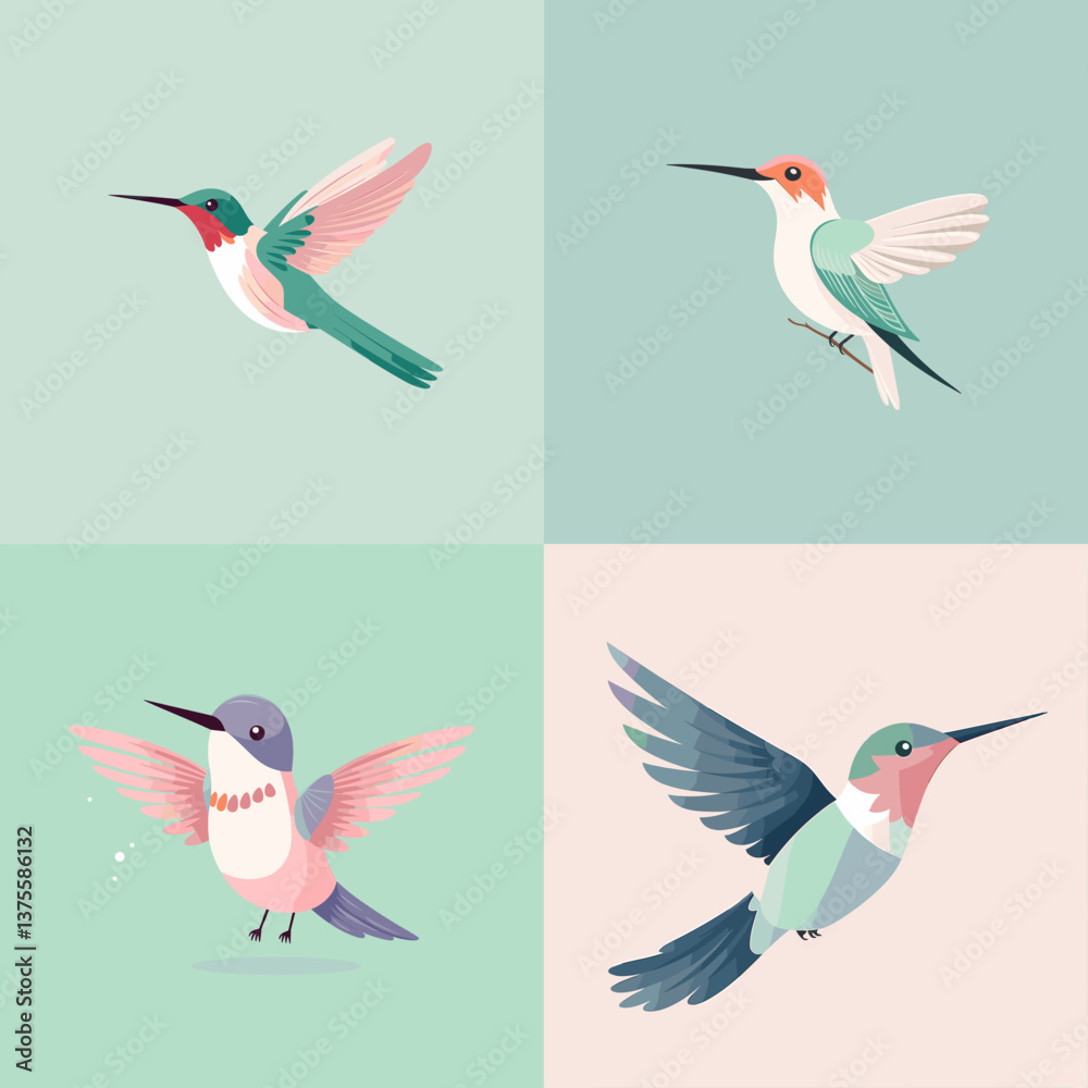 Obraz premium Set of colorful cartoon hummingbirds in flight with soft backgrounds. Ideal for nature themes, kids' books, spring designs, bird illustrations, and educational materials.