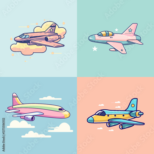 Colorful cartoon airplanes with cute pastel colors and designs, soaring through the clouds. Perfect for aviation-themed illustrations, kids' travel designs, or playful air travel graphics.

