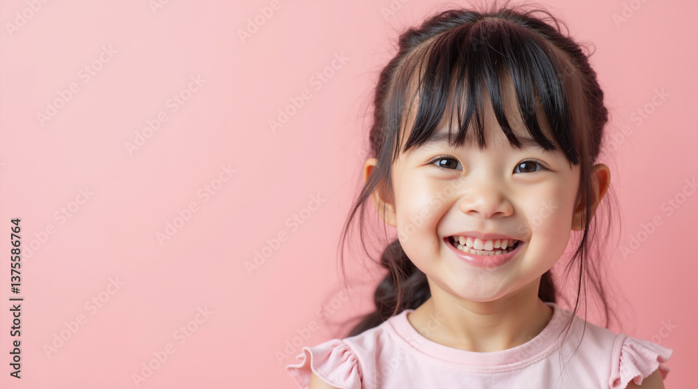 ピンクの背景の前に立ってかわいく微笑む小さな日本の女の子 ピンクの背景の前に立ってかわいく微笑む小さな日本の女の子