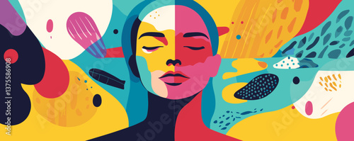 Vibrant abstract female portrait with colorful geometric patterns vector.
