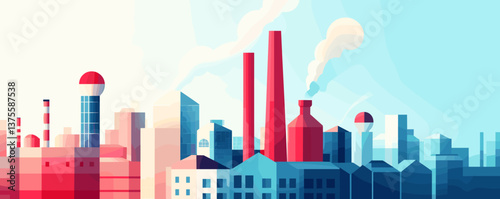 Colorful industrial skyline with smokestacks and factory buildings against clear sky - vector.