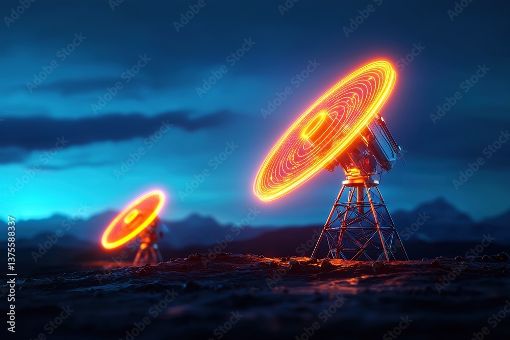 Obraz premium Futuristic radar dishes glow against a dark, mountainous landscape at dusk.