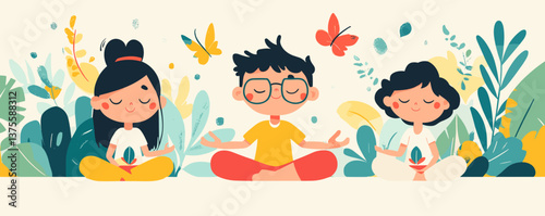 Children practicing yoga surrounded by nature with butterflies and plants - vector.