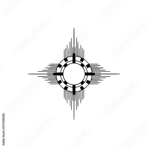 Geometric Native American Sun Symbol, Minimalist Black and White Design